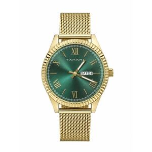 Vintage Tahari Men's Gold Tone Green Dial Mesh Band Day Date Watch Working *See
